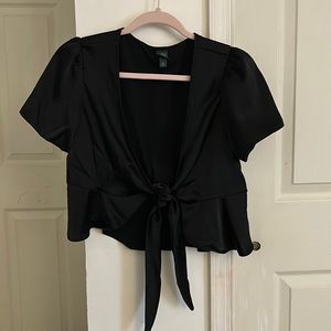 Wild Fable black satin tie front fluttery crop top in medium